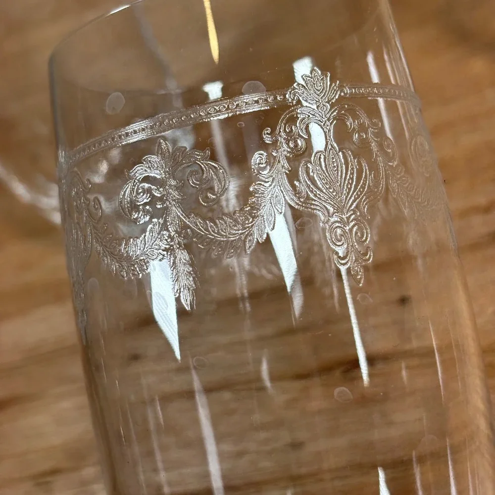 Vintage Etched Crystal Highball Glasses Set of 3 Damask Scrollwork Tumblers